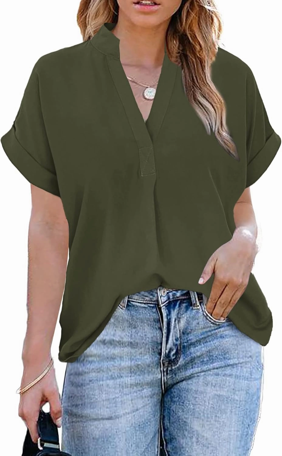 ANCAPELION Women’s Summer Chiffon Blouse Casual Short Sleeve V Neck Shirt Loose Printed Cuffed Sleeve Tunic Tops for Women