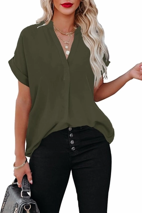 ANCAPELION Women’s Summer Chiffon Blouse Casual Short Sleeve V Neck Shirt Loose Printed Cuffed Sleeve Tunic Tops for Women