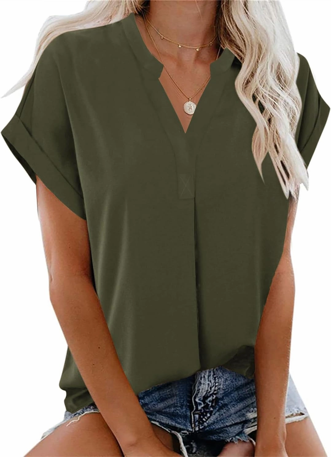 ANCAPELION Women’s Summer Chiffon Blouse Casual Short Sleeve V Neck Shirt Loose Printed Cuffed Sleeve Tunic Tops for Women