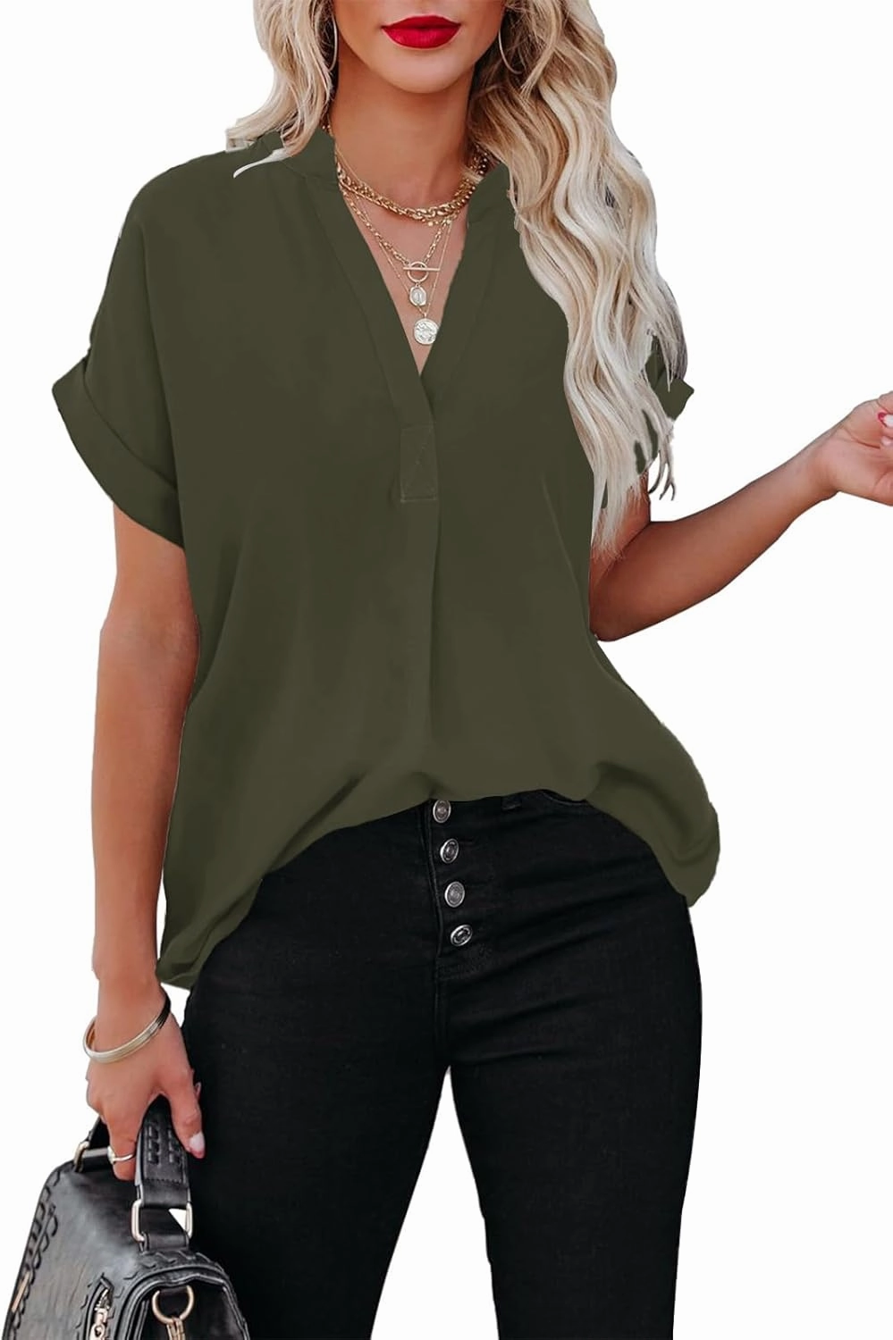 ANCAPELION Women’s Summer Chiffon Blouse Casual Short Sleeve V Neck Shirt Loose Printed Cuffed Sleeve Tunic Tops for Women