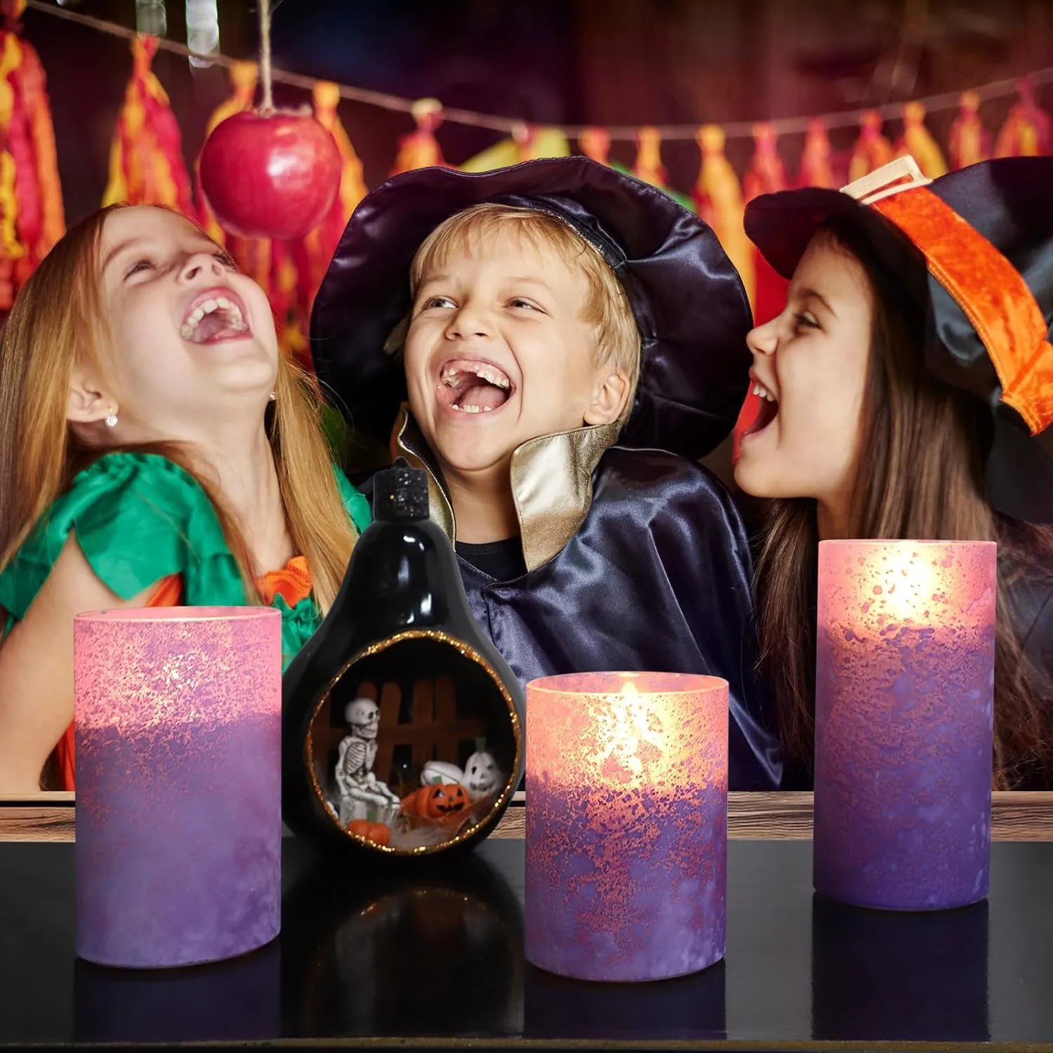 ANGELLOONG Glass Battery Operated Candles with Remote, Flameless Candles with Flickering Flame, Pillar LED Electric Timer Candle for Home Decor, Sandblast Purple