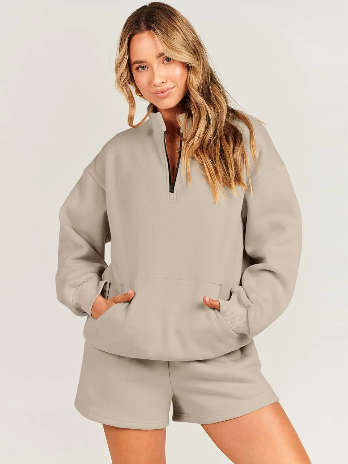 ANRABESS Women 2 Piece Outfits Sweatshirt Shorts Sets 2025 Oversized Casual Lounge Sweat Set Sweatsuit Workout Tracksuit