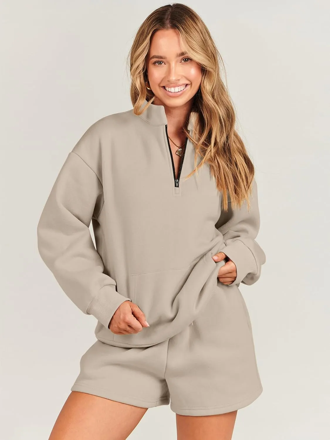 ANRABESS Women 2 Piece Outfits Sweatshirt Shorts Sets 2025 Oversized Casual Lounge Sweat Set Sweatsuit Workout Tracksuit