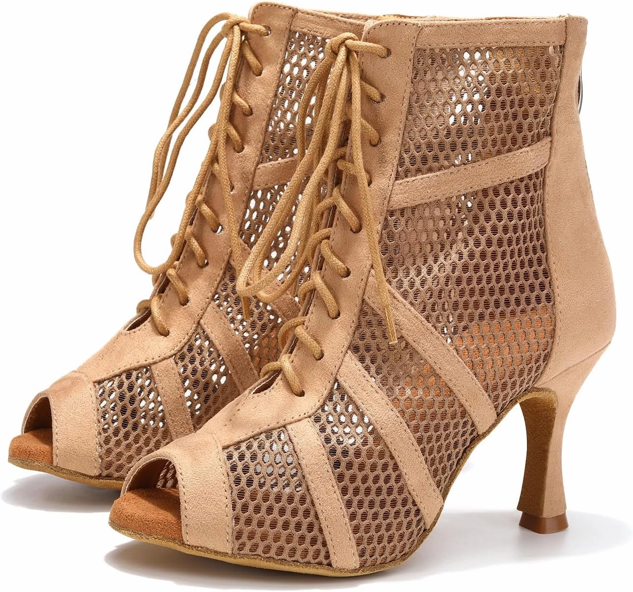 AOQUNFS Dance Heels for Women Mesh Ballroom Dance Booties Lace Up Dance Ankle Boots with Zipper