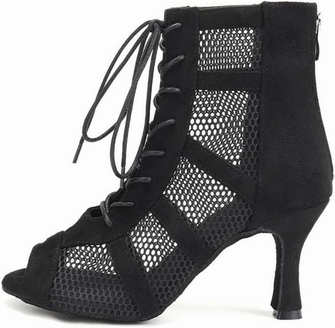 AOQUNFS Dance Heels for Women Mesh Ballroom Dance Booties Lace Up Dance Ankle Boots with Zipper