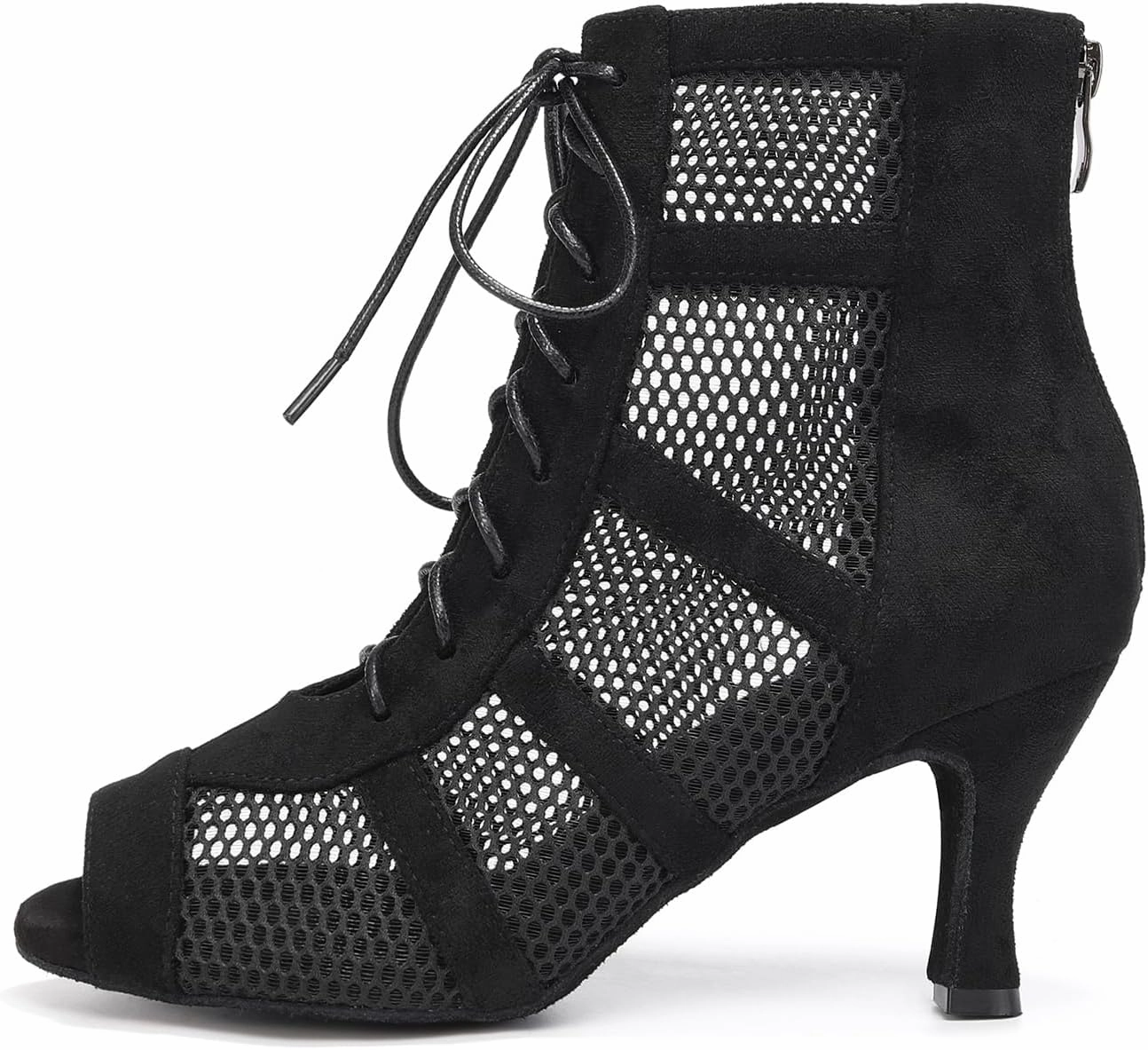 AOQUNFS Dance Heels for Women Mesh Ballroom Dance Booties Lace Up Dance Ankle Boots with Zipper