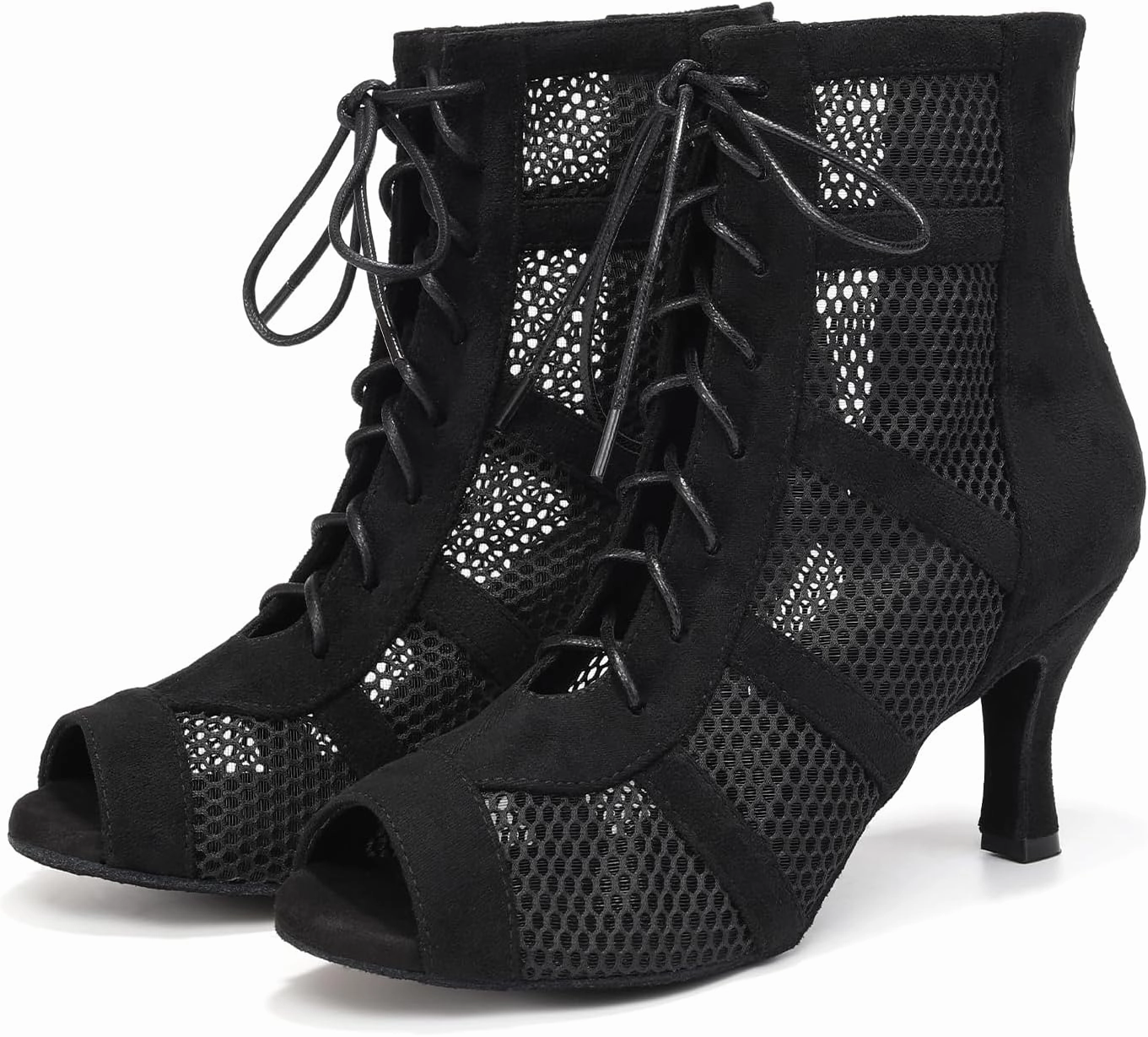 AOQUNFS Dance Heels for Women Mesh Ballroom Dance Booties Lace Up Dance Ankle Boots with Zipper