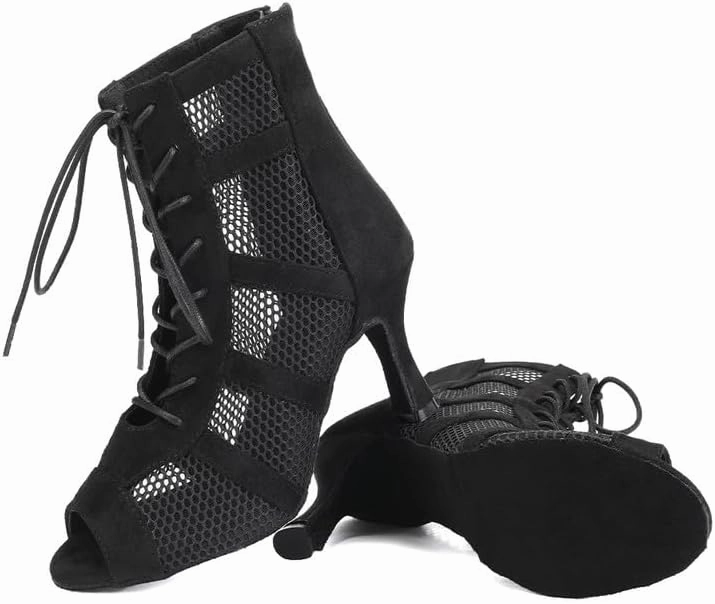 AOQUNFS Dance Heels for Women Mesh Ballroom Dance Booties Lace Up Dance Ankle Boots with Zipper