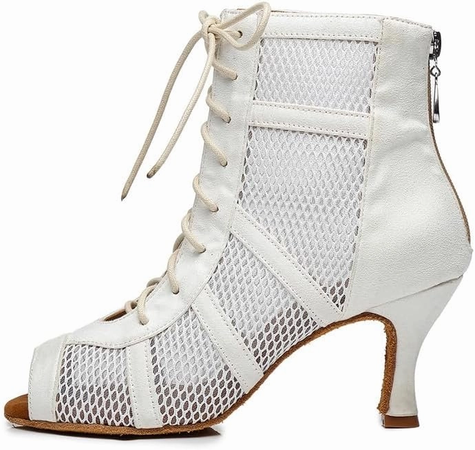 AOQUNFS Dance Heels for Women Mesh Ballroom Dance Booties Lace Up Dance Ankle Boots with Zipper