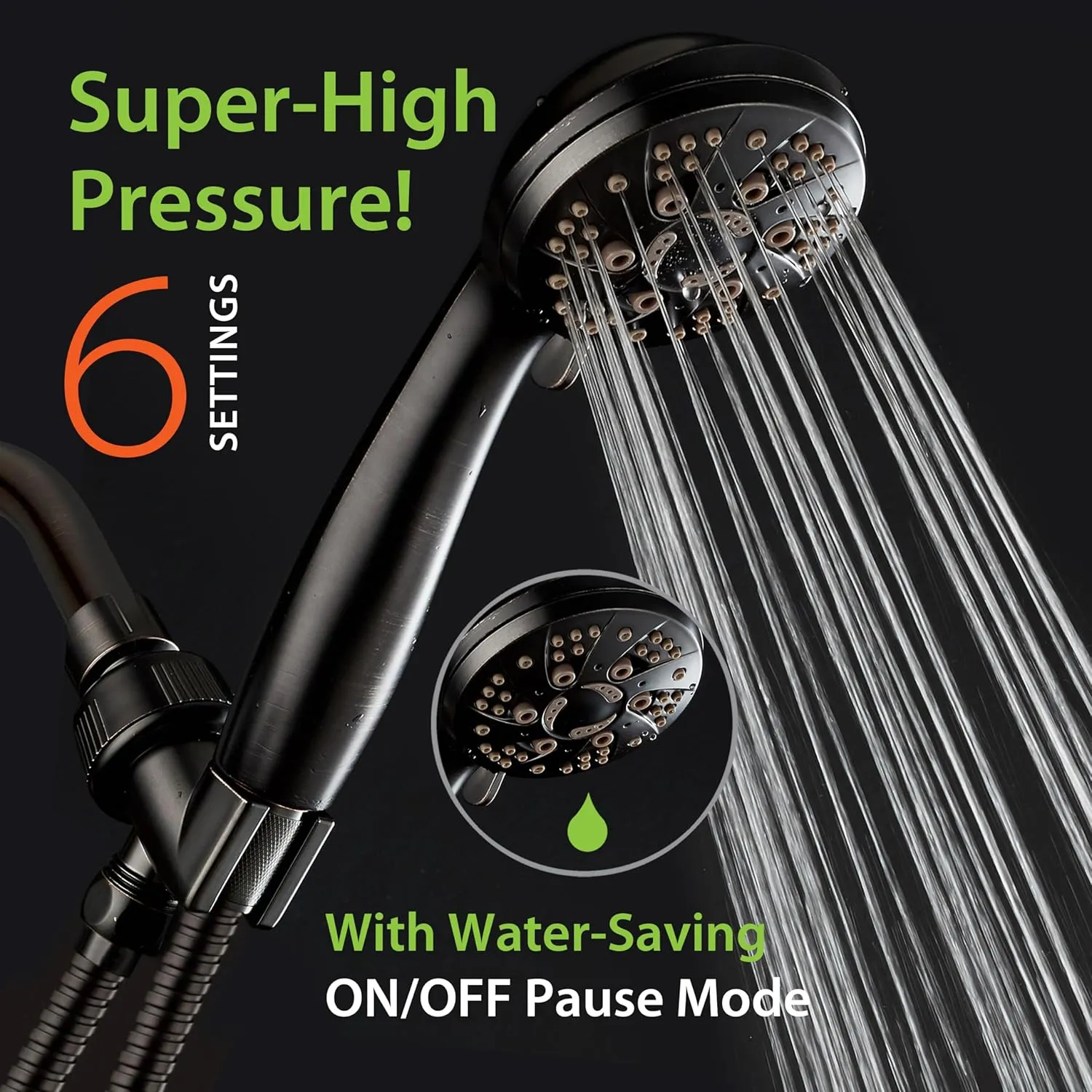 AquaDance High Pressure 6-Setting Oil Rubbed Bronze Handheld Shower Head with Stainless Steel Hose. Officially Independently Tested to Meet Strict US Quality & Performance Standards!