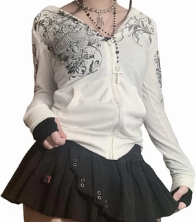 Argeousgor Women Graphic Zip Up Crop Hoodie Vintage Skull Skeleton Crop Sweatshirt Aesthetic Long Sleeve Jacket
