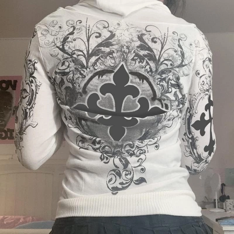 Argeousgor Women Graphic Zip Up Crop Hoodie Vintage Skull Skeleton Crop Sweatshirt Aesthetic Long Sleeve Jacket