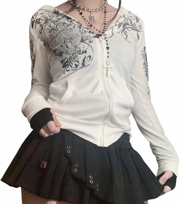 Argeousgor Women Graphic Zip Up Crop Hoodie Vintage Skull Skeleton Crop Sweatshirt Aesthetic Long Sleeve Jacket