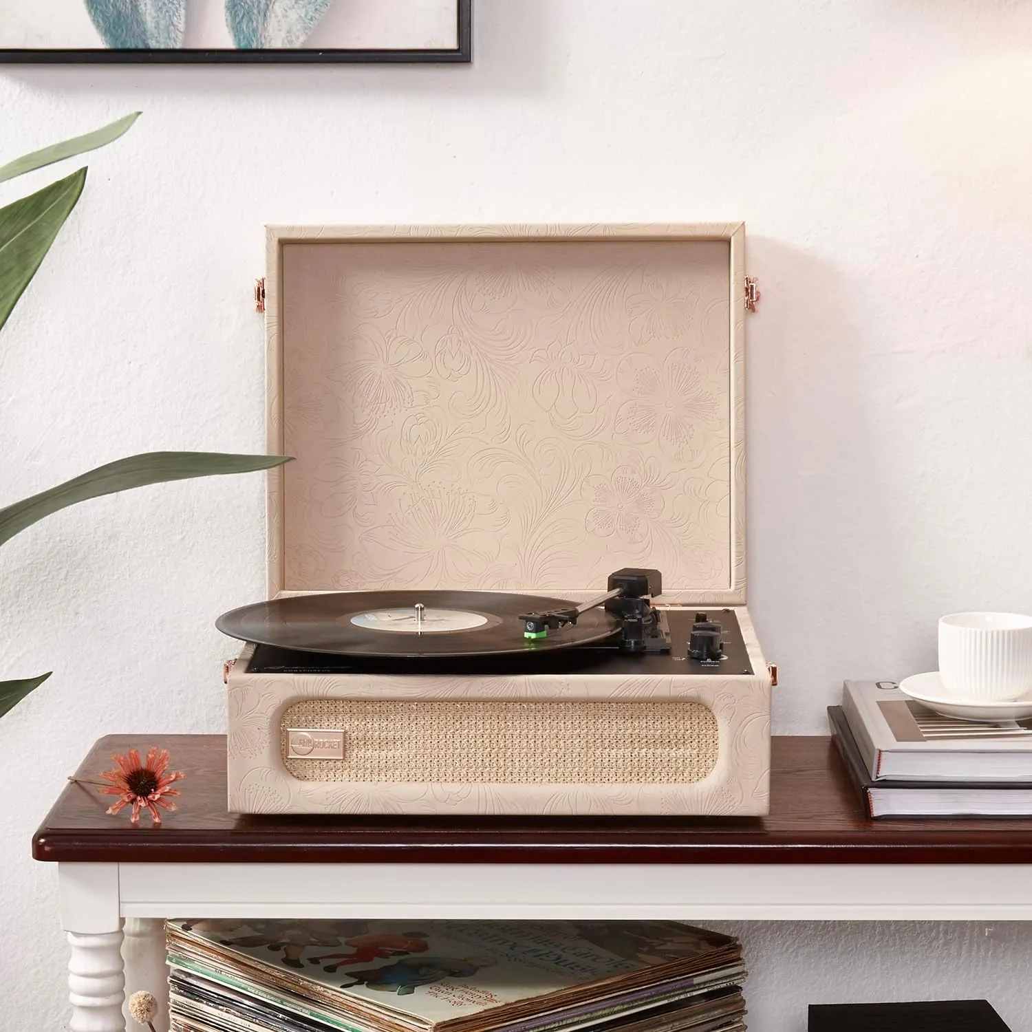 Arkrocket Coryphaeus Vinyl Record Player 3-Speed Bluetooth Input and Output Built-in Speakers with Magnetic Cartridge Auto Off (Flora Engraved)