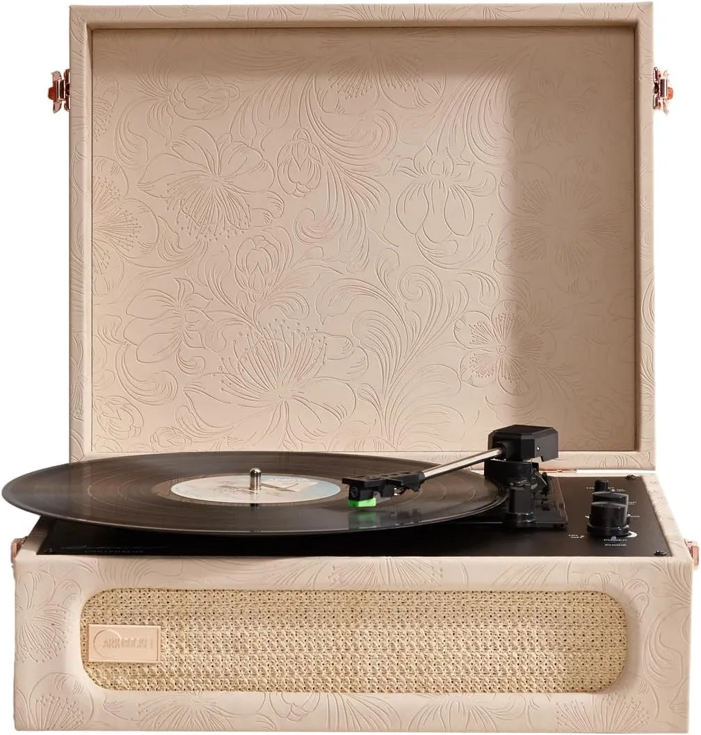 Arkrocket Coryphaeus Vinyl Record Player 3-Speed Bluetooth Input and Output Built-in Speakers with Magnetic Cartridge Auto Off (Flora Engraved)