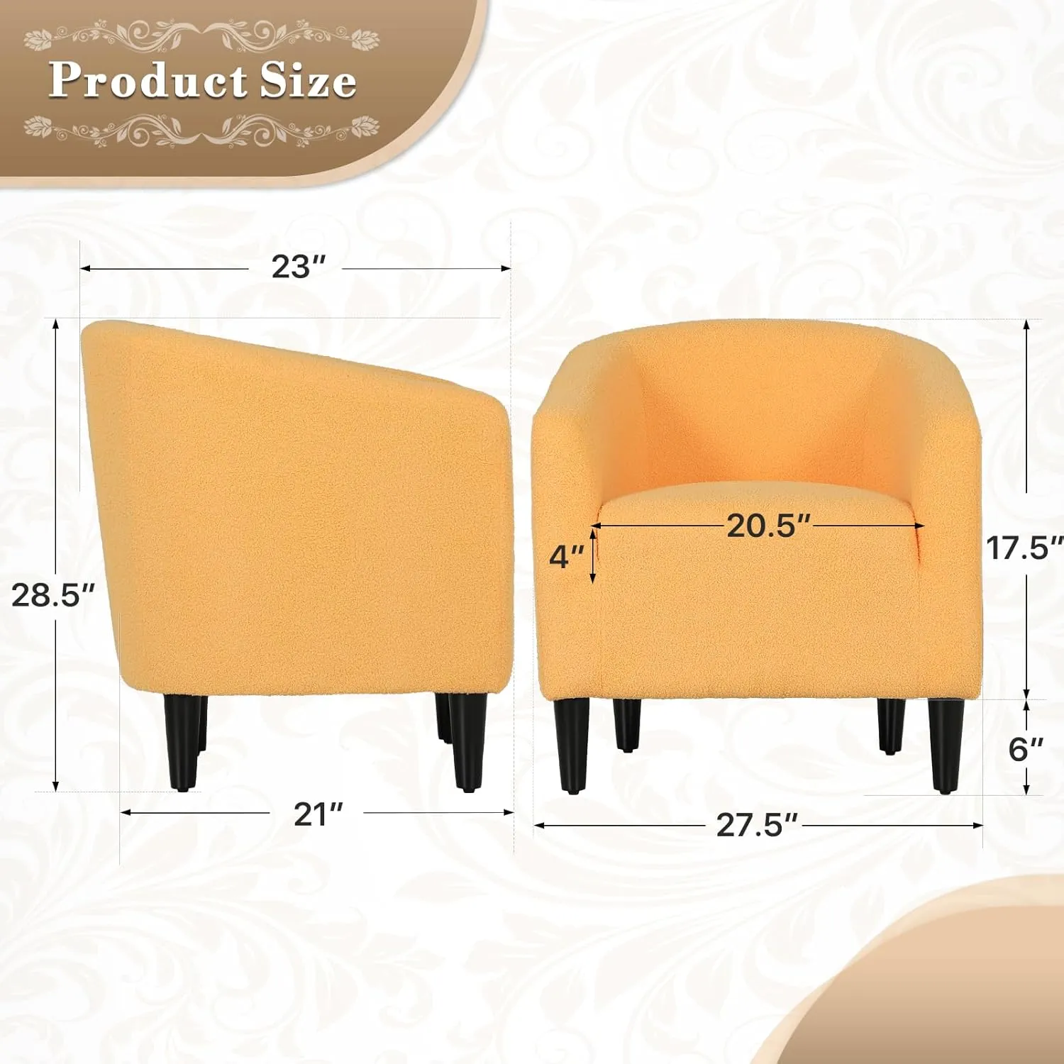 Athena Collection Accent Barrel Chair for Living Room, Soft Comfort Armchair for Bedroom, Modern Single Sofa Chair Comfy Chair for Reading Rest, Yellow
