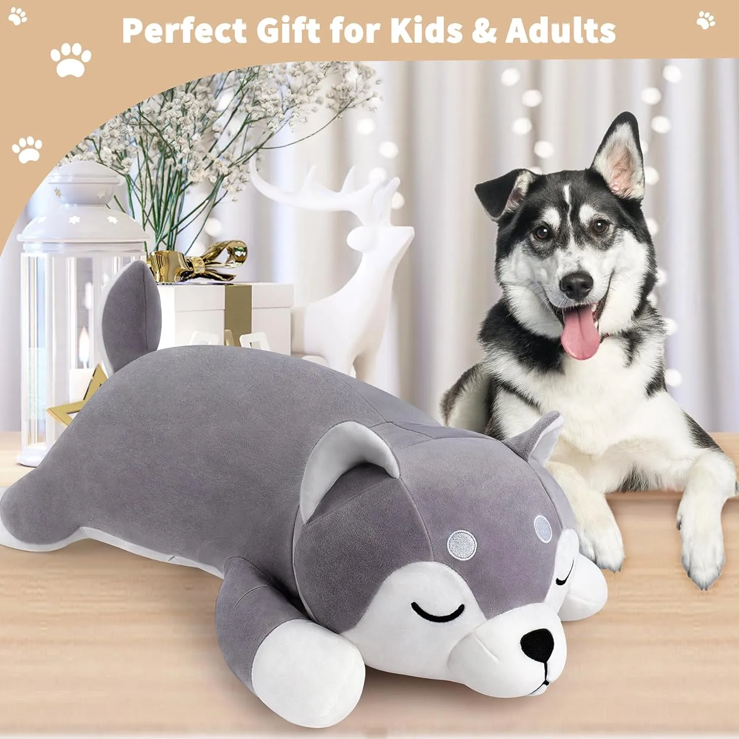 Auspicious beginning 30'' Husky Stuffed Animal Plush Pillow, Huskies Anime Body Pillow, Kawaii Stuff Animal Plush Toy, Big Plushie Stuffed Dog Giant Plush Throw Pillow Gifts for Boys Girls
