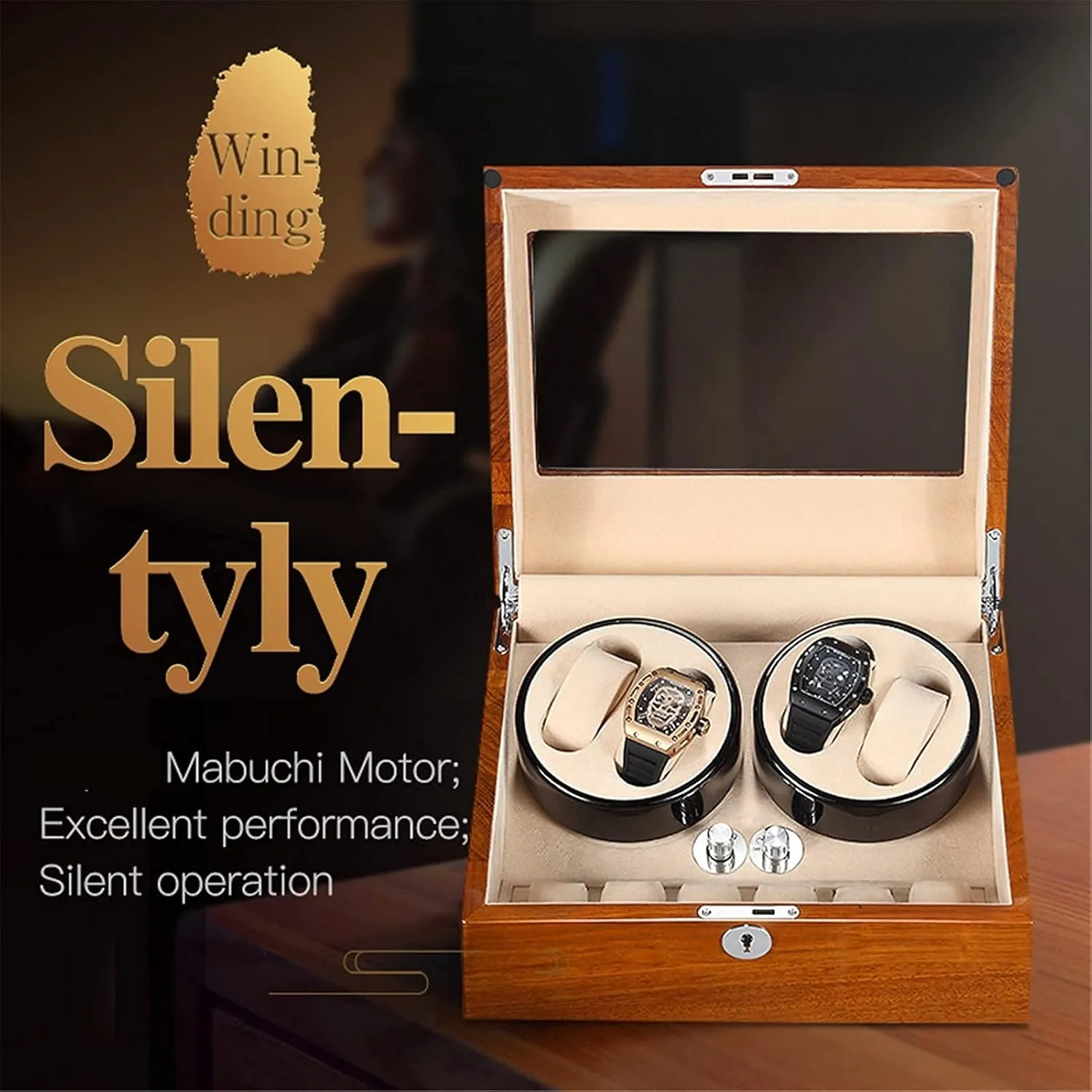 Automatic 4 6 Watch Winder, in Wood Shell and Beige Leather/Carbon 5 Rotation Mode Setting Flexible Plush Pillow