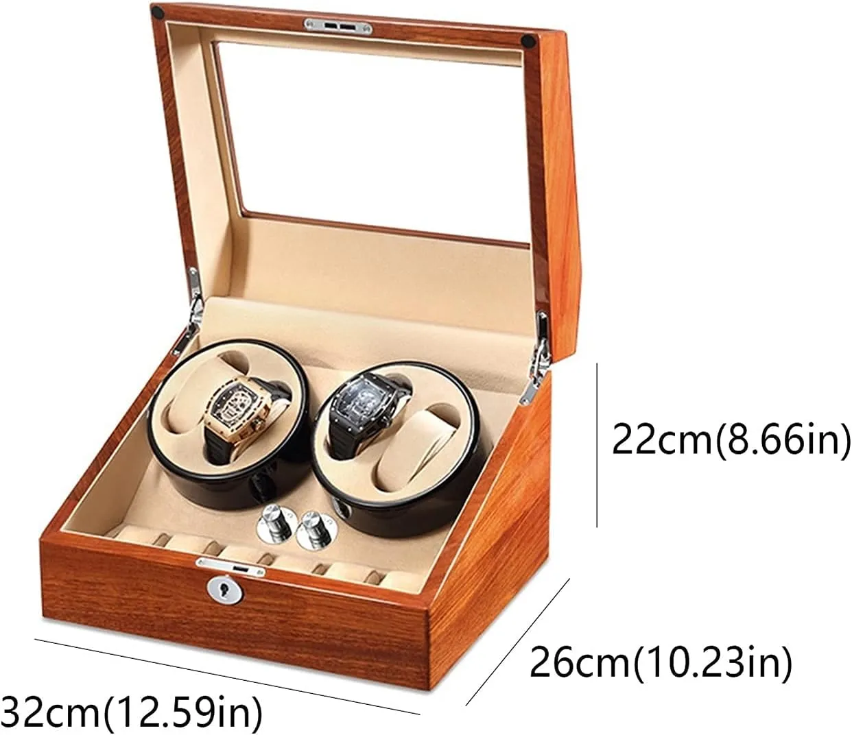 Automatic 4 6 Watch Winder, in Wood Shell and Beige Leather/Carbon 5 Rotation Mode Setting Flexible Plush Pillow