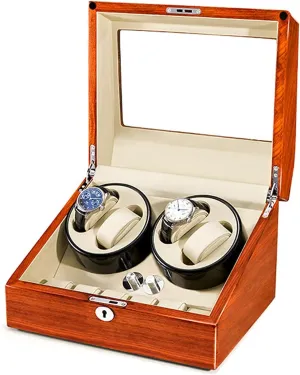 Automatic 4 6 Watch Winder, in Wood Shell and Beige Leather/Carbon 5 Rotation Mode Setting Flexible Plush Pillow
