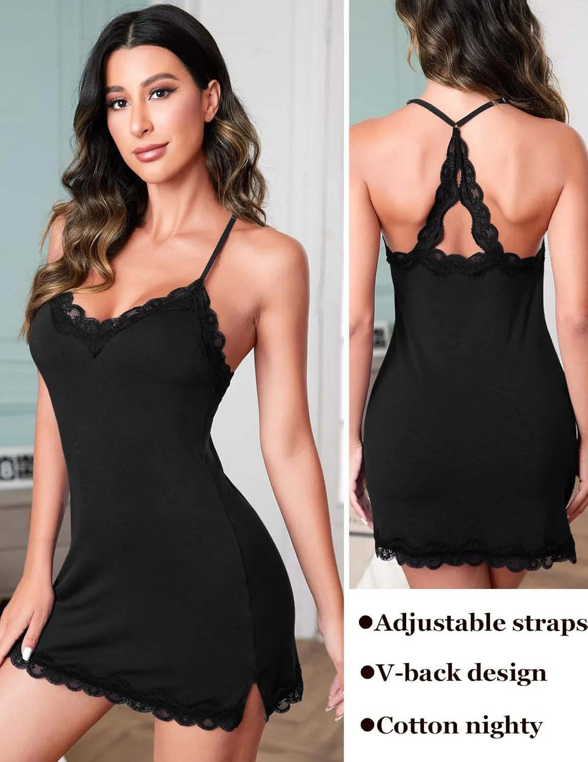 Avidlove Womens Nightgown Sexy Lace Sleepwear V Neck Full Slip Chemise Lingerie Cotton Night Gowns Babydoll Sleepshirt
