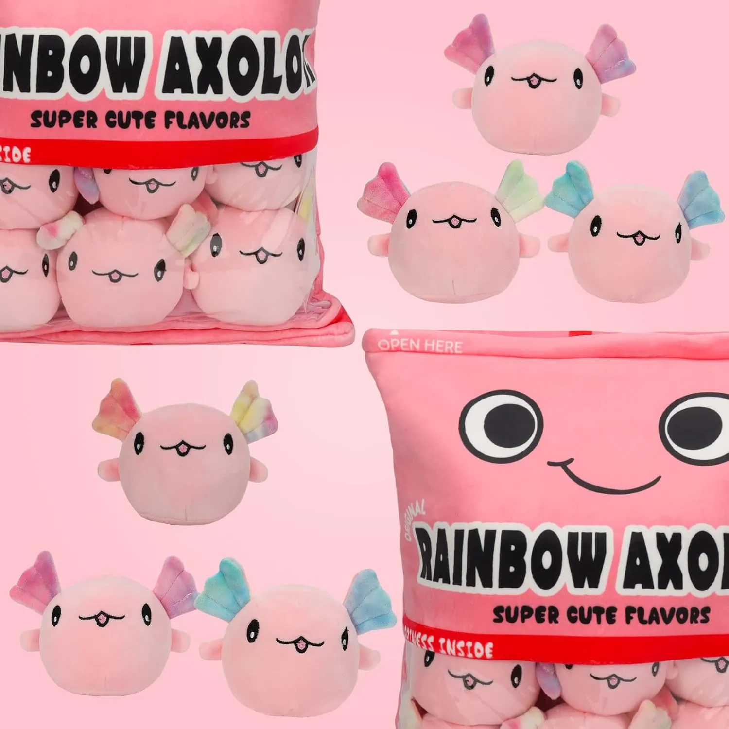 Axolotl Plush Pillow Throw Pillow, Cute Axolotl Plush Toys Doll, Axolotl Stuffed Animal Bag of Axolotl Plushies, Stuffed Axolotl Gift for Kids, Birthday, Christmas, Baby Shower (6 pcs, Pink)