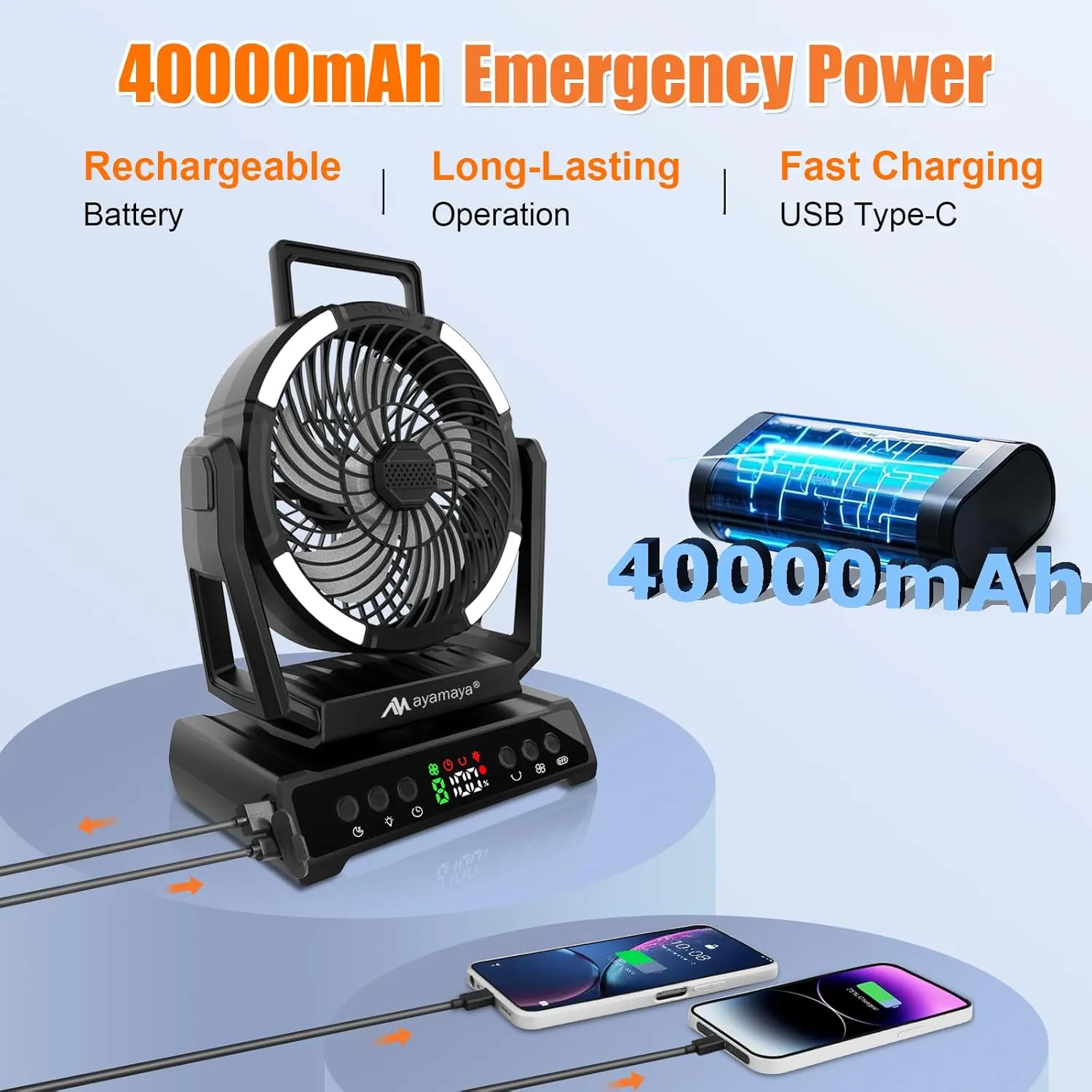 ayamaya Camping Fan with Light, 40000mAh Rechargeable Tent Fan with Remote, 9 Speeds Battery Powered Fans with Digital Display, Timer, Auto Oscillation & Hook for Camping, Outdoor Tents, Hurricane