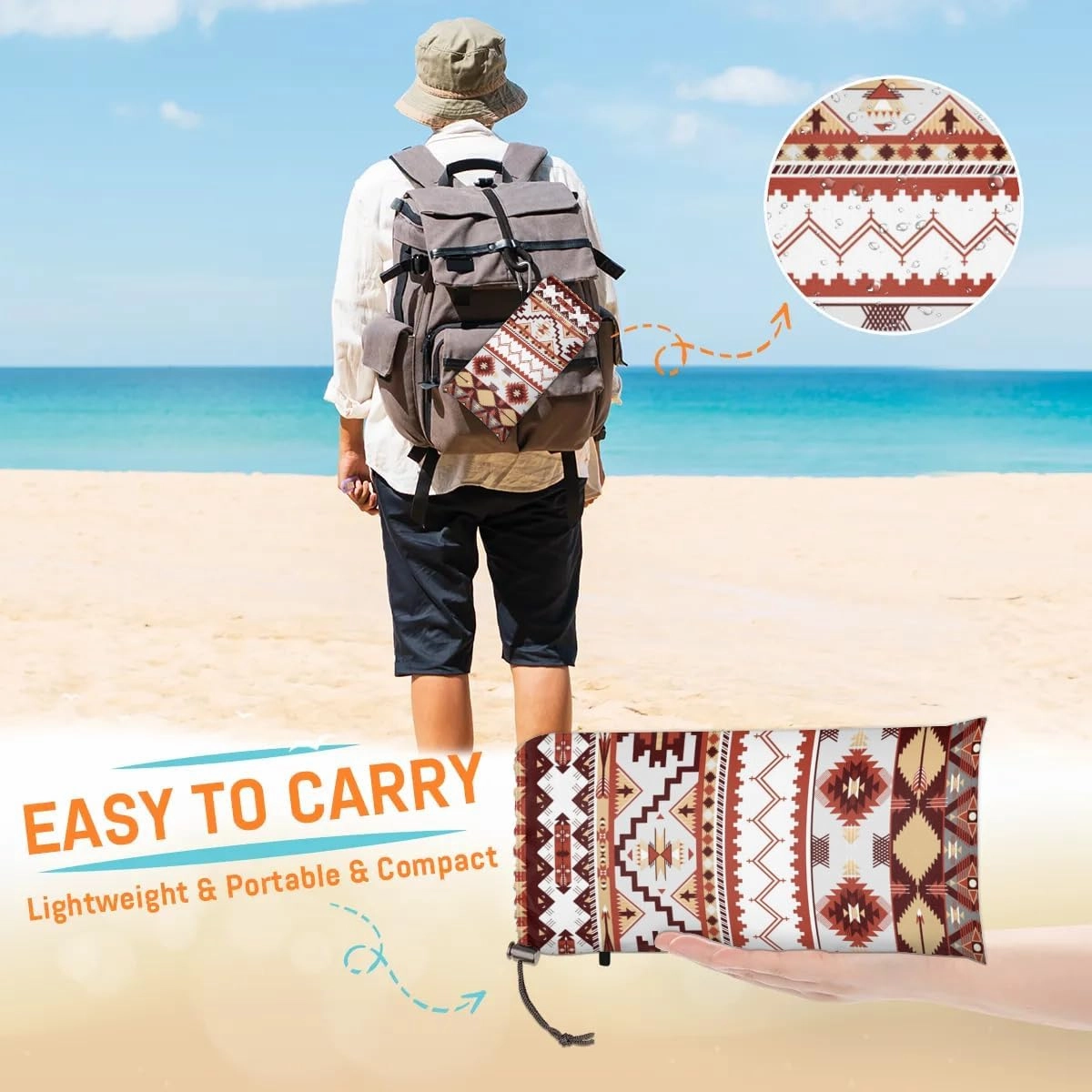 Aztec Beach Blanket, Sandproof Beach Mat, 68 x 59 Waterproof Quick Drying Sand Free Mat with 4 x Ground Spikes for Outdoor Travel Camping Hiking, Ethnic Geometric