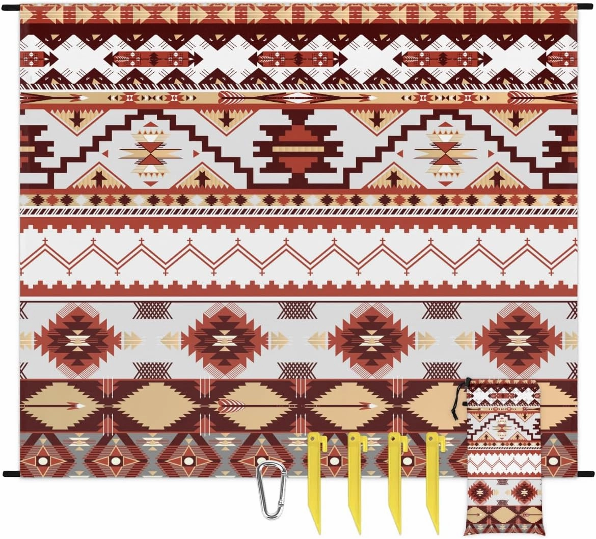 Aztec Beach Blanket, Sandproof Beach Mat, 68 x 59 Waterproof Quick Drying Sand Free Mat with 4 x Ground Spikes for Outdoor Travel Camping Hiking, Ethnic Geometric