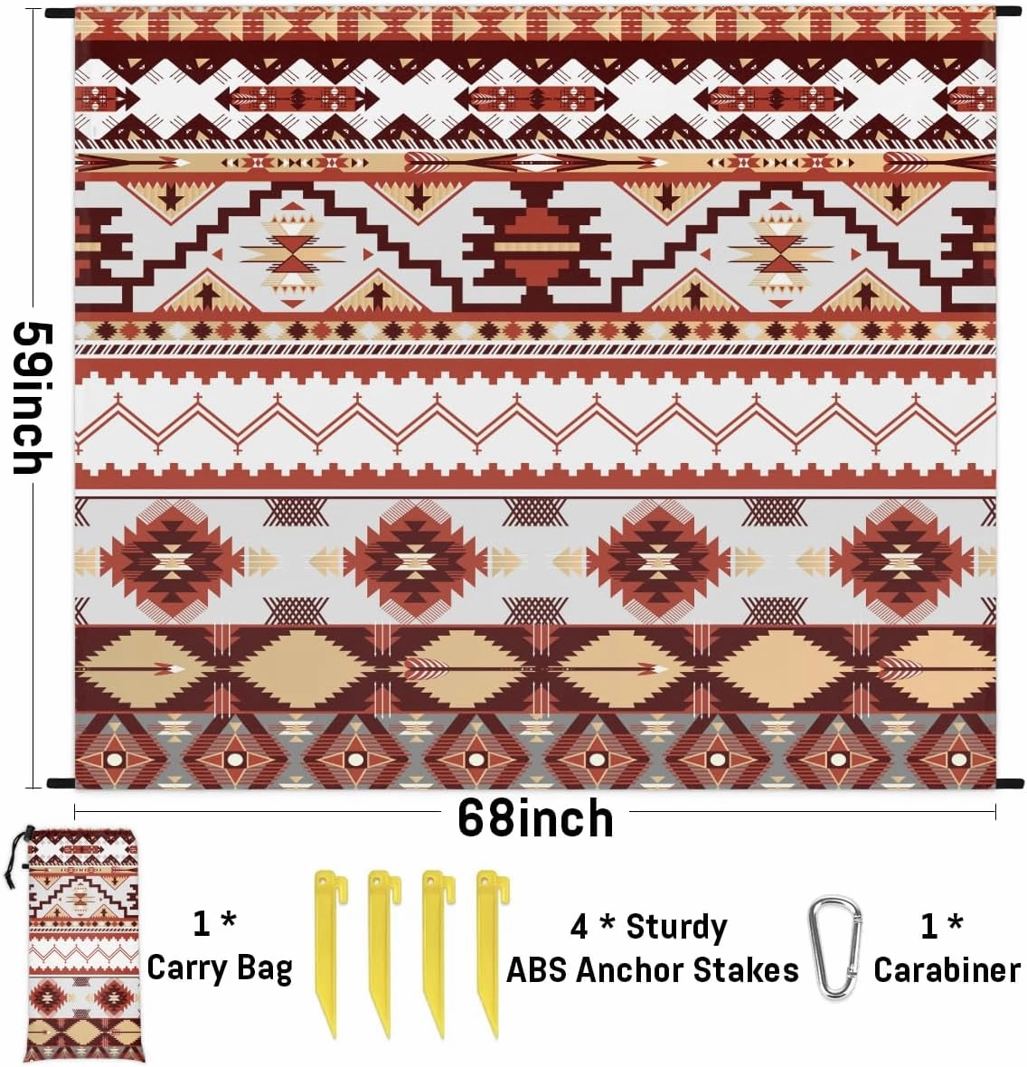 Aztec Beach Blanket, Sandproof Beach Mat, 68 x 59 Waterproof Quick Drying Sand Free Mat with 4 x Ground Spikes for Outdoor Travel Camping Hiking, Ethnic Geometric