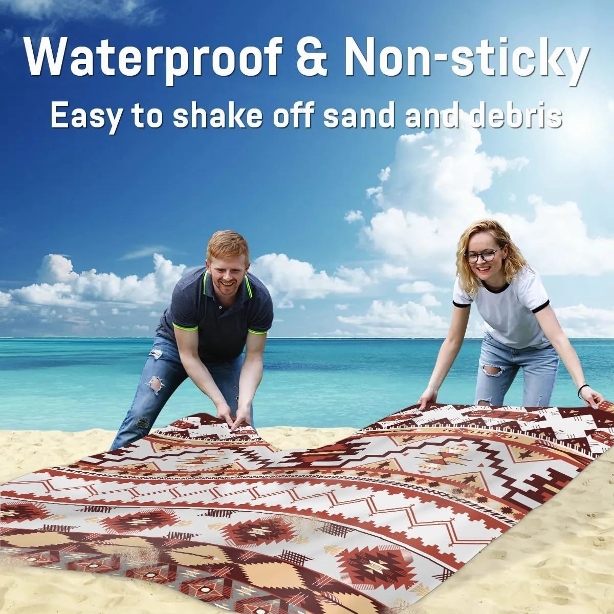 Aztec Beach Blanket, Sandproof Beach Mat, 68 x 59 Waterproof Quick Drying Sand Free Mat with 4 x Ground Spikes for Outdoor Travel Camping Hiking, Ethnic Geometric