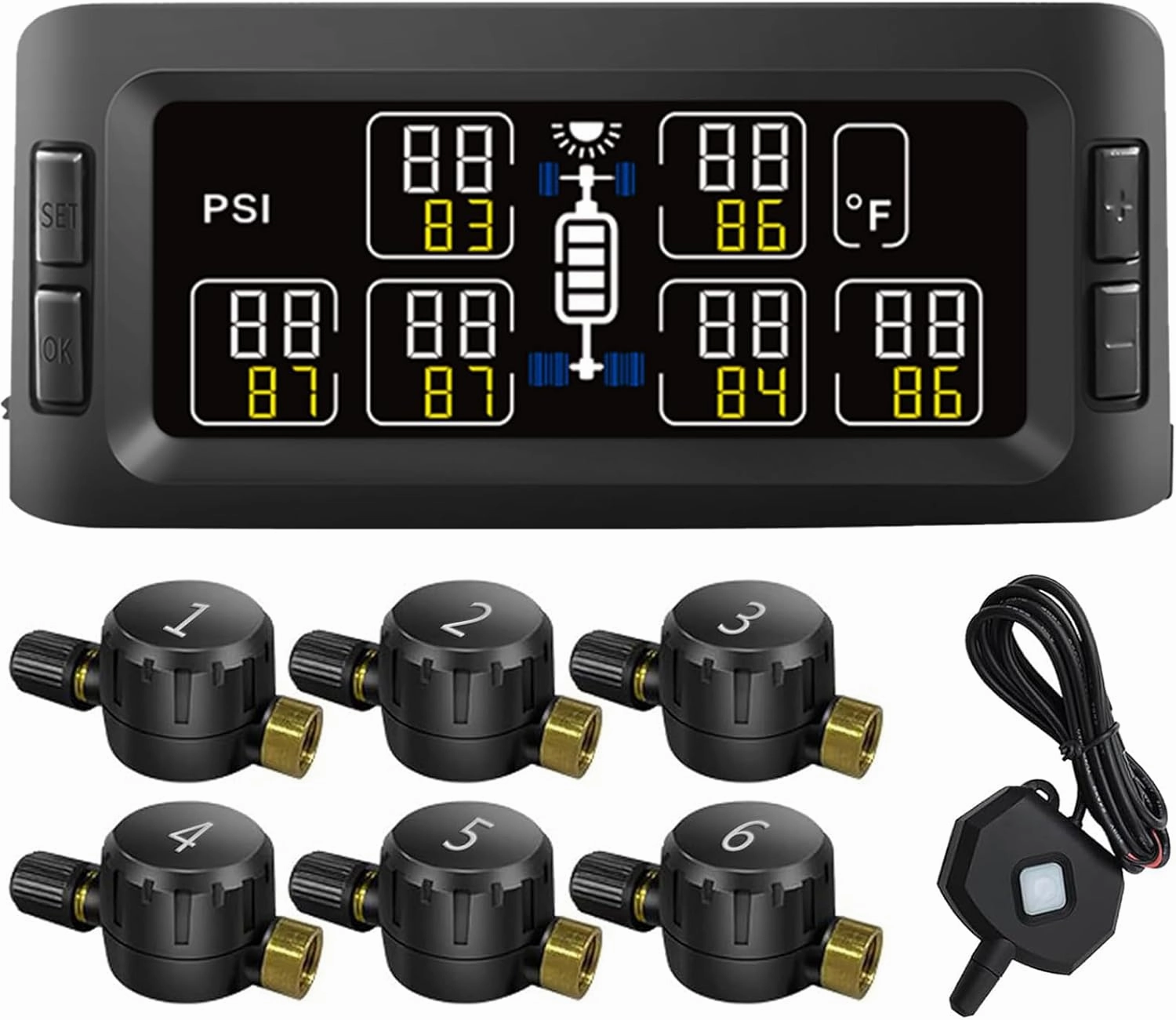 B-Qtech Trailer RV TPMS Solar Tire Pressure Monitoring System with 6 Flow Thru Sensors & Signal Repeater, 7 Alarm Modes Real Time Display Pressure Tempereture for RVs Trailers Bus Motorhome Truck