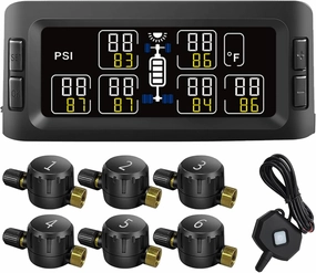 B-Qtech Trailer RV TPMS Solar Tire Pressure Monitoring System with 6 Flow Thru Sensors & Signal Repeater, 7 Alarm Modes Real Time Display Pressure Tempereture for RVs Trailers Bus Motorhome Truck