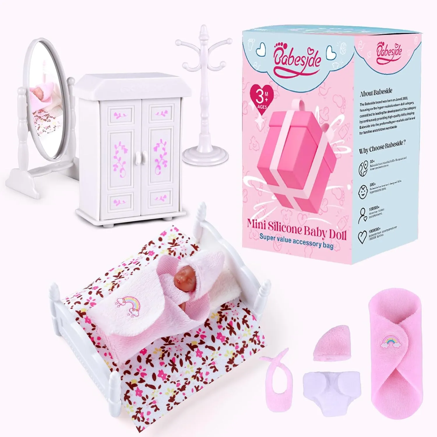 BABESIDE Mini Silicone Baby Dolls Black - 3 Inch Miniature Realistic Newborn Doll Full Silicone Sleeping Mini Little Real Life Girl with Playset Accessories