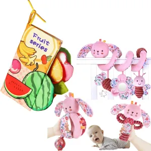 Baby Books 0-6 to 12 Months Infant Soft Cloth Tummy Time Toy 0-3-4-5-6-9-12 Month and Spiral Car Seat Toys for Babies 0-6 Months Girl Boy, Stroller Hanging Rattle Newborn Shower Gifts Bunny 3
