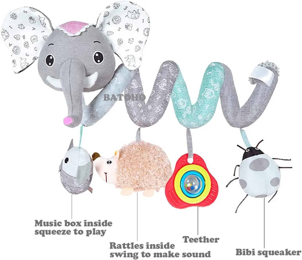 Baby Car Seat Toys, Hanging Stroller Toys for Baby 0-6 Months Infants Activity Spiral Toys with Musical Owl Rattles Hedgehog Beep Ladybug Squeaker - Gray Elephant Toys for Newborn Baby 0 3 6 12 Months