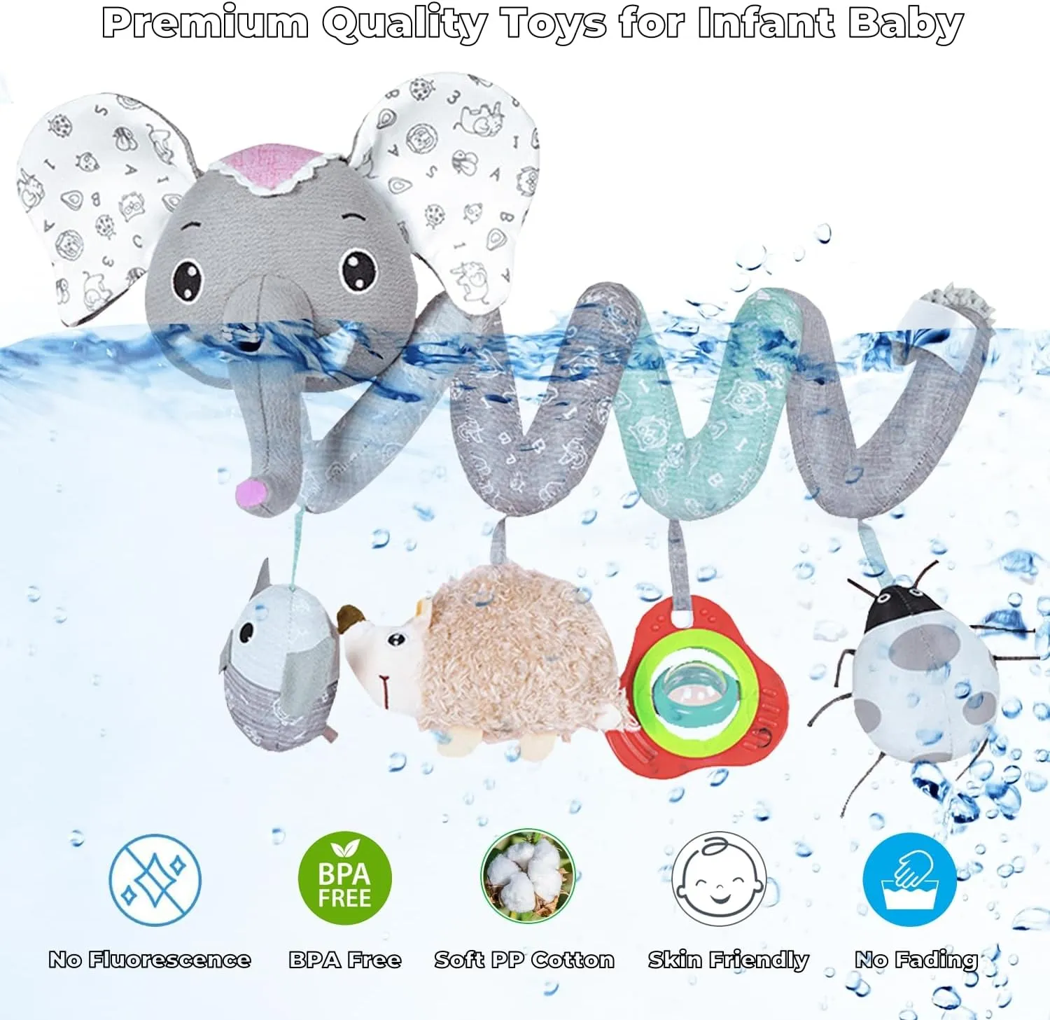 Baby Car Seat Toys, Hanging Stroller Toys for Baby 0-6 Months Infants Activity Spiral Toys with Musical Owl Rattles Hedgehog Beep Ladybug Squeaker - Gray Elephant Toys for Newborn Baby 0 3 6 12 Months