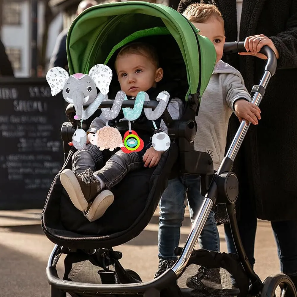 Baby Car Seat Toys, Hanging Stroller Toys for Baby 0-6 Months Infants Activity Spiral Toys with Musical Owl Rattles Hedgehog Beep Ladybug Squeaker - Gray Elephant Toys for Newborn Baby 0 3 6 12 Months