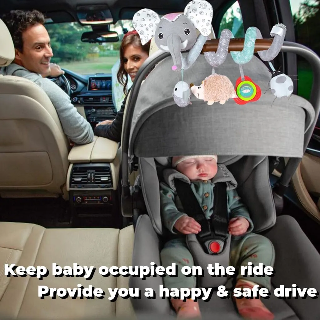 Baby Car Seat Toys, Hanging Stroller Toys for Baby 0-6 Months Infants Activity Spiral Toys with Musical Owl Rattles Hedgehog Beep Ladybug Squeaker - Gray Elephant Toys for Newborn Baby 0 3 6 12 Months