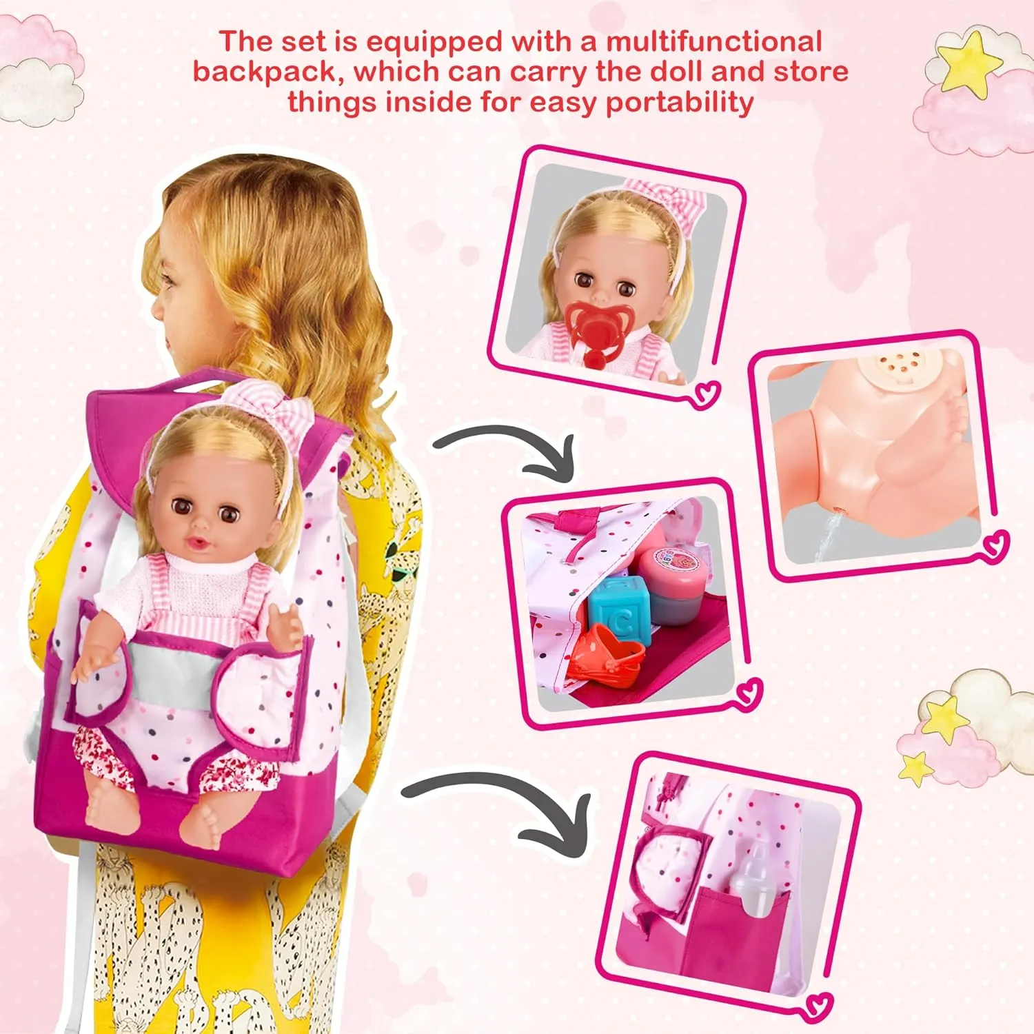Baby Care Doll Toys Set, 36PCS Doll Playset, Hair Salon Pretend Play Toddler Doll Toys Incl 14'' Baby Doll Toy, Backpack, Hair Dryer, Hair curler, Xmas Gifts for Age 3 4 5 6  Years Old Girls Kids