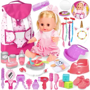 Baby Care Doll Toys Set, 36PCS Doll Playset, Hair Salon Pretend Play Toddler Doll Toys Incl 14'' Baby Doll Toy, Backpack, Hair Dryer, Hair curler, Xmas Gifts for Age 3 4 5 6  Years Old Girls Kids