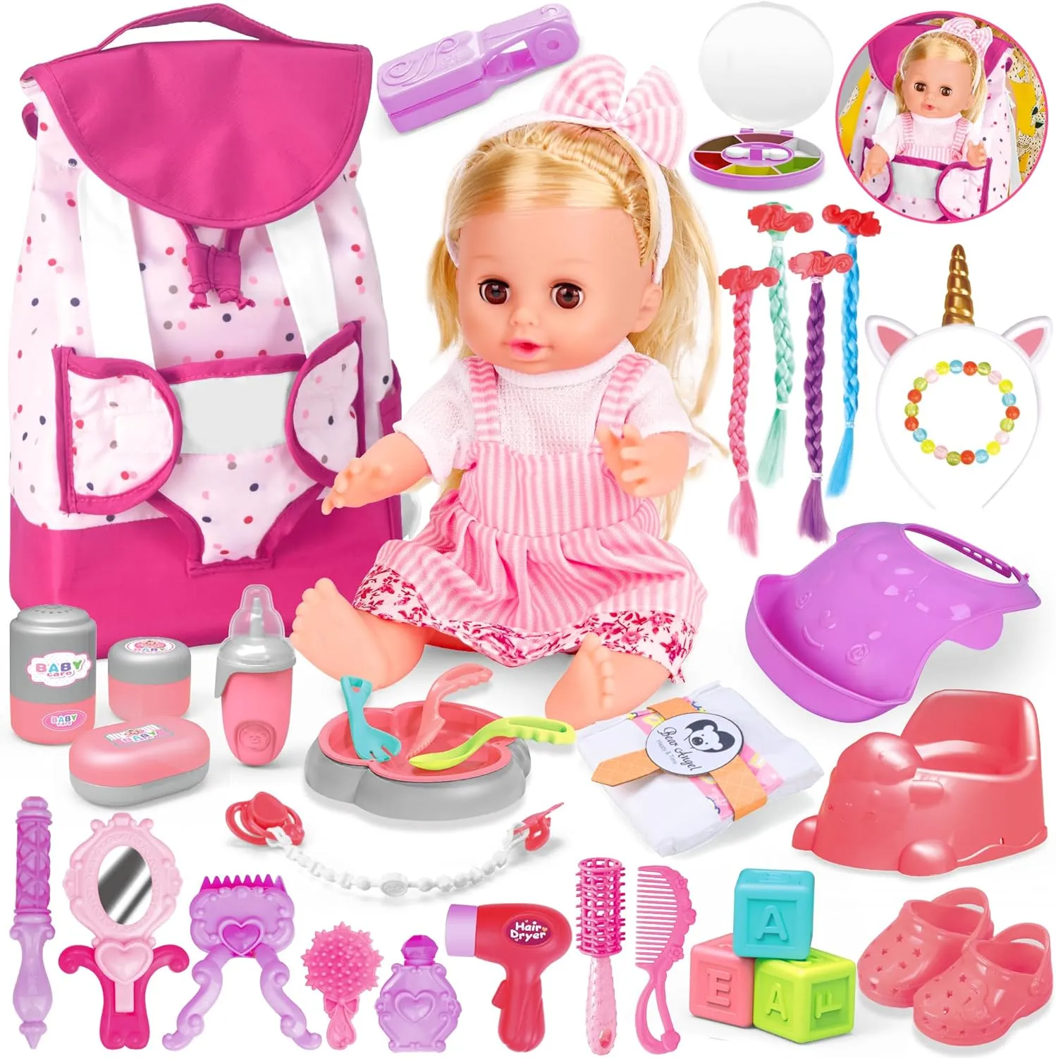 Baby Care Doll Toys Set, 36PCS Doll Playset, Hair Salon Pretend Play Toddler Doll Toys Incl 14'' Baby Doll Toy, Backpack, Hair Dryer, Hair curler, Xmas Gifts for Age 3 4 5 6  Years Old Girls Kids