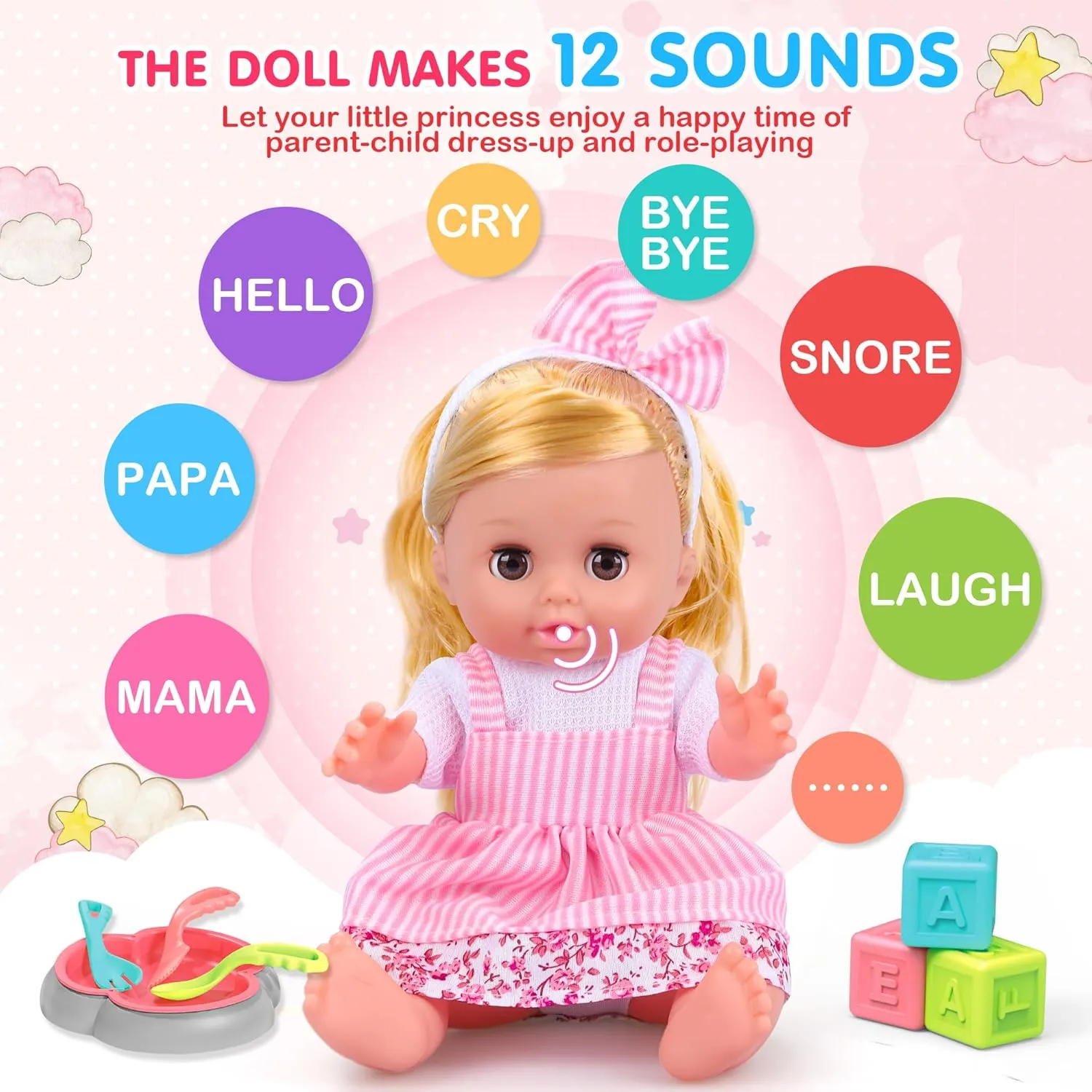 Baby Care Doll Toys Set, 36PCS Doll Playset, Hair Salon Pretend Play Toddler Doll Toys Incl 14'' Baby Doll Toy, Backpack, Hair Dryer, Hair curler, Xmas Gifts for Age 3 4 5 6  Years Old Girls Kids