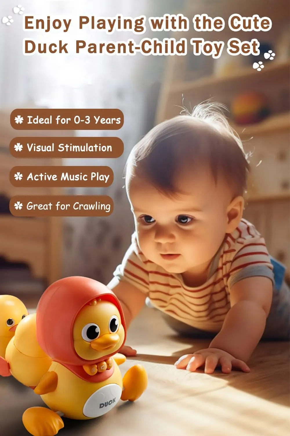 Baby Crawling Toys Set of 4 - Magnetic Swaying Ducks for Infants, Tummy Time Toys with Music & Lights, 1st Birthday Gift for Boys and Girls(Yellow)