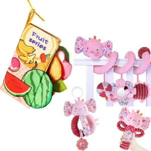 Baby Crinkle Book 0-6 to 12 Months Infant Soft Cloth Toy and Spiral Car Seat Toys for Babies 0-3-6-12 Month Girl Boy, Stroller Hanging Rattle Squeaky Elephant Plush Toy Shower Gifts 3PCS
