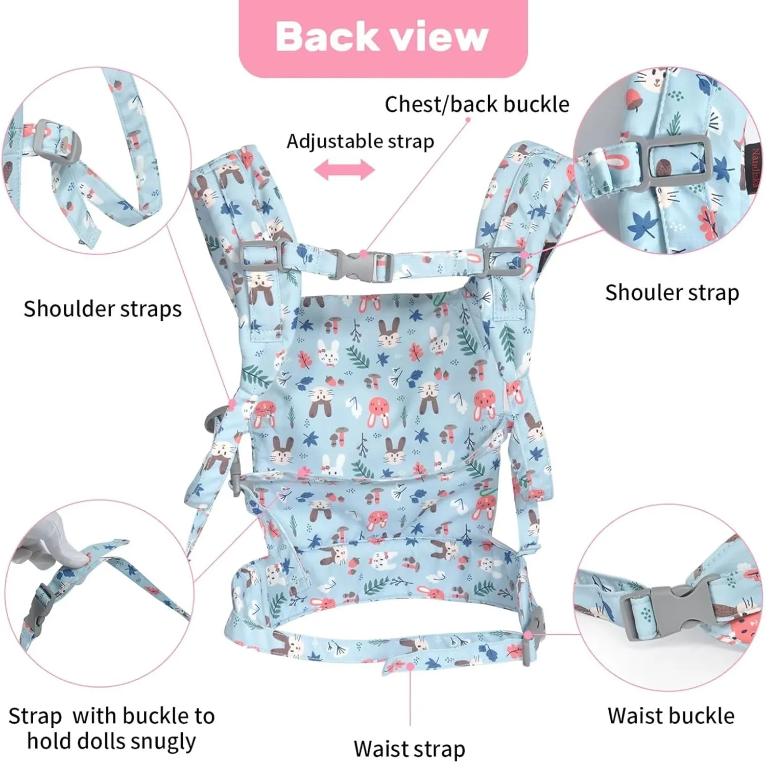 Baby Doll Carrier for Baby Girl Premiums Soft Straps and Skin-Friendly Webbing Stuffed Animal Carrier for Kids and Toddler Facing in Facing Out and Backpack 18 inch Doll Rabbit Design