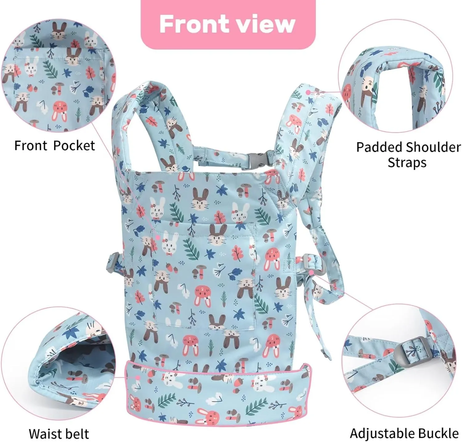 Baby Doll Carrier for Baby Girl Premiums Soft Straps and Skin-Friendly Webbing Stuffed Animal Carrier for Kids and Toddler Facing in Facing Out and Backpack 18 inch Doll Rabbit Design