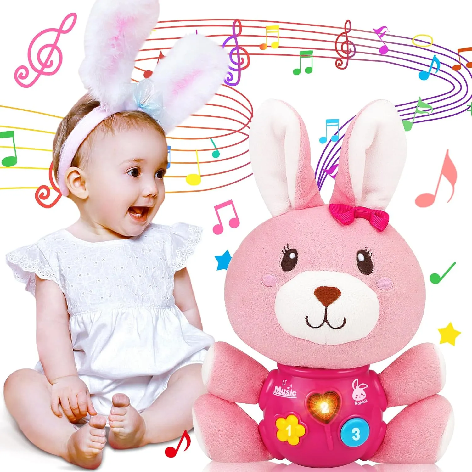 Baby Easter Gifts Baby Toys - Easter Bunny Stuffed Animal Infant Musical Toys 6-12 Months - Newborn Soft Plush Rabbit Toy Baby Easter Toys 0-6 Months - Easter Gifts for Girls Boys 0 3 6 9 12 Month