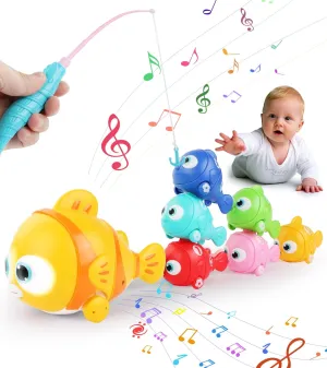 Baby Music Crawling Walking Toys for 0-6 6-12 Months Infants Tummy Time Toys, Magnetic Train Fishes Set, Light Up Fishing Game, Sorting and Stacking Toy for Toddler 1-3, Birthday Gifts for Boys Girls