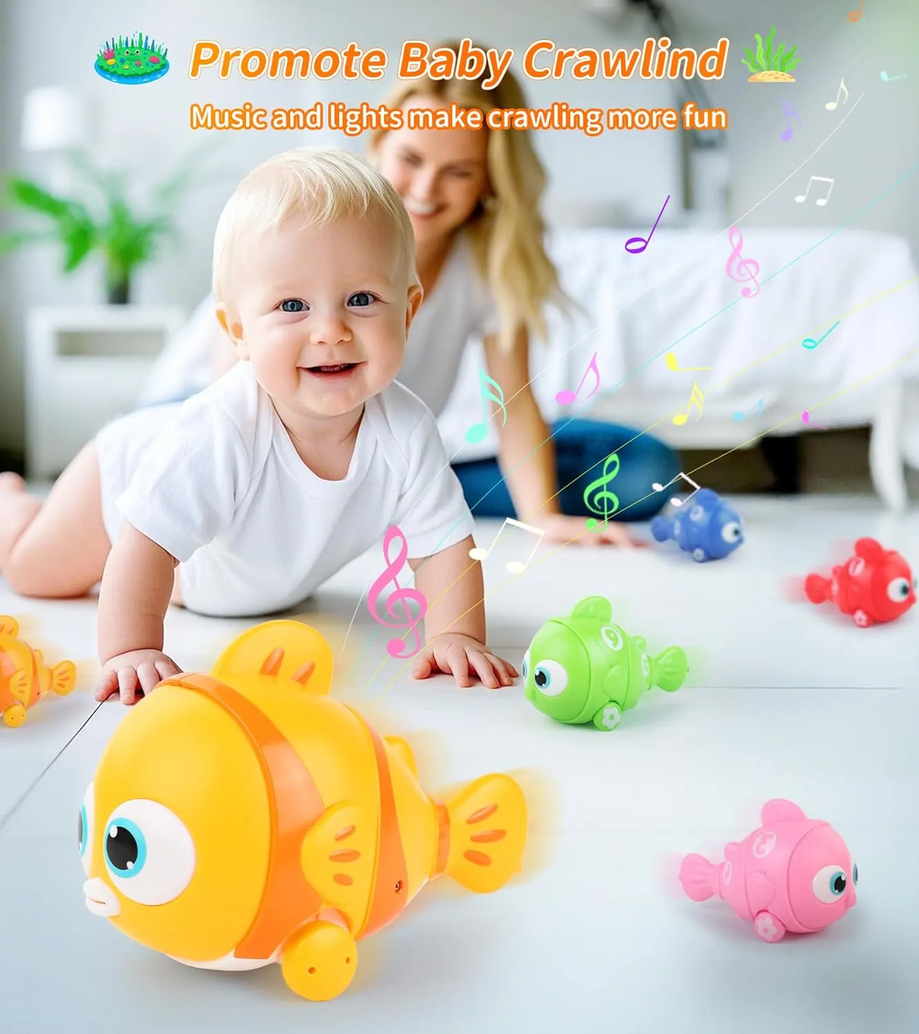 Baby Music Crawling Walking Toys for 0-6 6-12 Months Infants Tummy Time Toys, Magnetic Train Fishes Set, Light Up Fishing Game, Sorting and Stacking Toy for Toddler 1-3, Birthday Gifts for Boys Girls